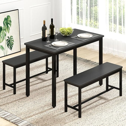 Rovibek 43" Dining Room Table Chairs Set for 4, Modern Space Saving Kitchen Table with 2 Benches & Adjustable Feet Breakfast Table, Wooden Industrial Style Farmhouse, Black