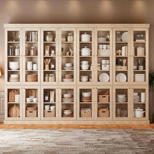 70.8" Farmhouse Kitchen Pantry Cabinet with Glass Doors, Modular Storage Cabinet with 6-Tier Adjustable Shelves, Large Storage Cabinet for Kitchen or Living Room, Set of 4, Brown