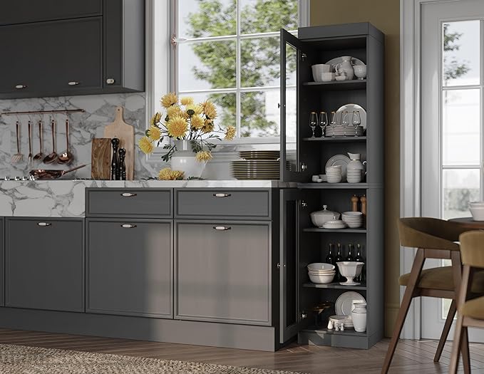 Palace Imports Solid Wood Kitchen Pantry Cabinet w/Glass Doors - Narrow Storage Cabinet - 16.5" Wide x 71.5" Tall - Gray, Adjustable Shelves, 100% Eco-Friendly Wood, Modular Cabinets