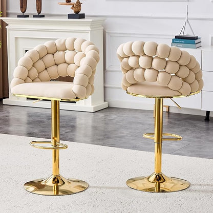 Set of 2 Beige Puffy Bubble Chair Ball Chain Chair Velvet Bar Stools with Gold Legs, Tufted Adjustable Bar Chairs for Kitchen Island Home Bar