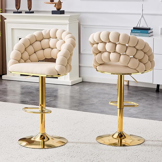 Set of 2 Beige Puffy Bubble Chair Ball Chain Chair Velvet Bar Stools with Gold Legs, Tufted Adjustable Bar Chairs for Kitchen Island Home Bar