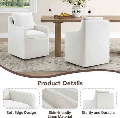 KISLOT Upholstered Dining Chairs Set of 2, Modern Dining Room Chairs with Casters & Washable Cover, Rolling Accent Chair with Hidden Storage for Kitchen, Farmhouse, Living Room, White, 2 Box