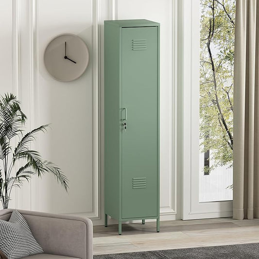 Manhattan Comfort Naomi 72.8'' Tall Storage Cabinet, Single Metal Locker with Lock, Adjustable Shelves, Vented Door & Floor Protectors, Modern Garage & Office Organizer, Green