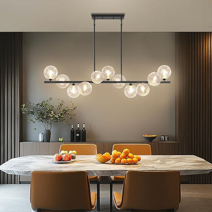 Linear Chandeliers for Dining Room, 51" Dining Room Light Fixture with Clear Swirled Glass Globe 11 Lights Black Sputnik Chandelier Bubble Large Chandelier Modern Farmhouse Island Light