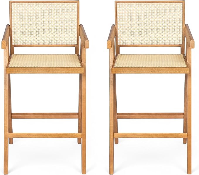 Modern Dining Chairs,Sturdy Rubberwood Frame with Woven Cane Backrest,Set of 2,Stylish Simple Natural Design,Applicable To Front Porch,Outdoor Lounge,Kitchen Island Bar Stools,Versatile Use,Natural-Wo