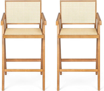 Modern Dining Chairs,Sturdy Rubberwood Frame with Woven Cane Backrest,Set of 2,Stylish Simple Natural Design,Applicable To Front Porch,Outdoor Lounge,Kitchen Island Bar Stools,Versatile Use,Natural-Wo
