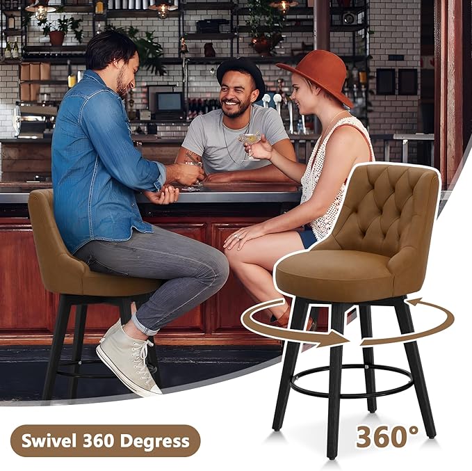 Vipbear Swivel Bar Stools Set of 2, Updated Thickened Faux Leather Counter Height Barstools with Backs, Solid Wood Legs, 26" Modern Bar Height Stools for Kitchen Island, Dining Room, Brown Seat