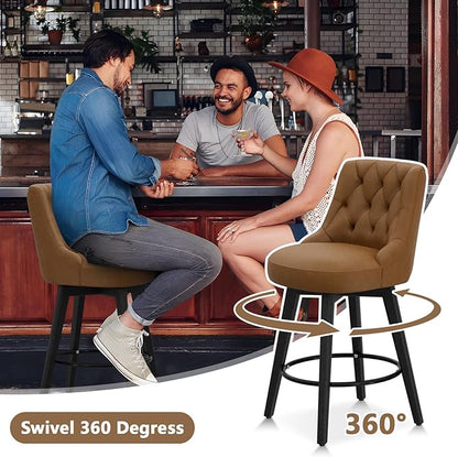 Vipbear Swivel Bar Stools Set of 2, Updated Thickened Faux Leather Counter Height Barstools with Backs, Solid Wood Legs, 26" Modern Bar Height Stools for Kitchen Island, Dining Room, Brown Seat
