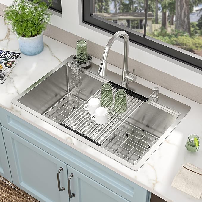 33"x22" Drop In Kitchen Sink Ledge Workstation – 16 Gauge 304 Stainless Steel, Single Bowl Overmount Top Mount Sink Basin with Faucet Combo & Glass Rinser