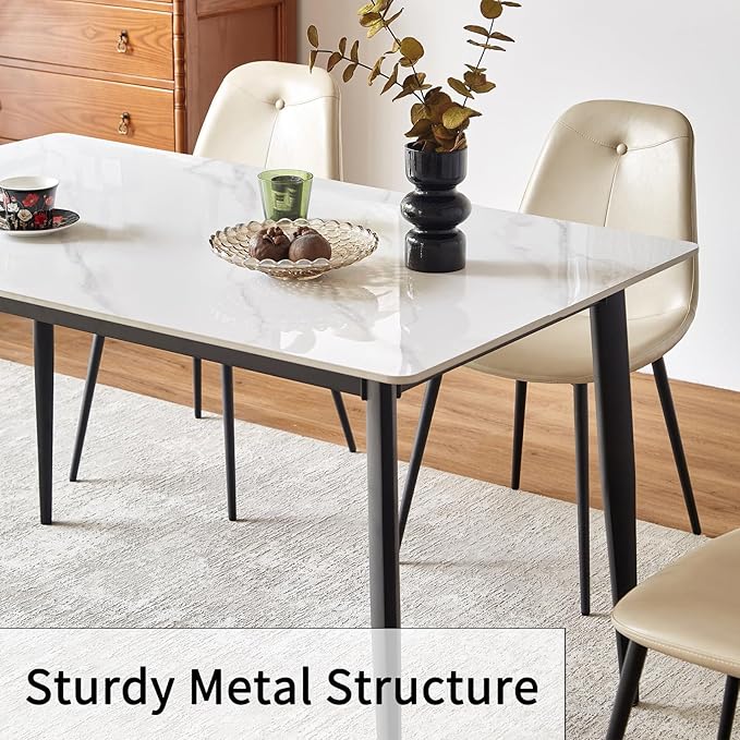 Sintered Stone Dining Table, Faux Marble Dining Table for 4-6 People, 55" Rectangular White Kitchen Table with Porcelain Table Top and Metal Legs for Living Room(1 Table Only)