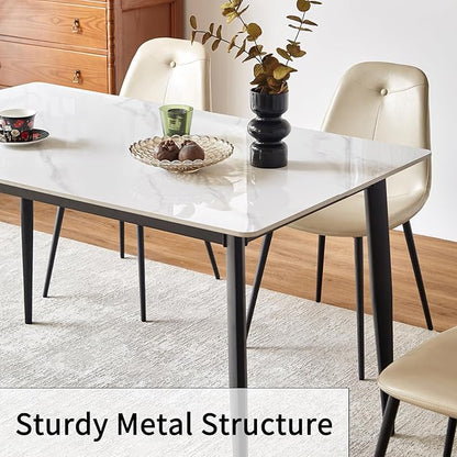 Sintered Stone Dining Table, Faux Marble Dining Table for 4-6 People, 55" Rectangular White Kitchen Table with Porcelain Table Top and Metal Legs for Living Room(1 Table Only)