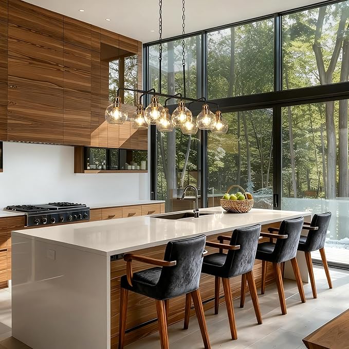 KSANA 40" Large Rectangular Linear Chandelier, 8-Light Black Gold Kitchen Island Lighting with Seeded Glass Mid-Century Modern Dining Room Light Fixtures for Living Room, Kitchen, Hallway, Bedroom