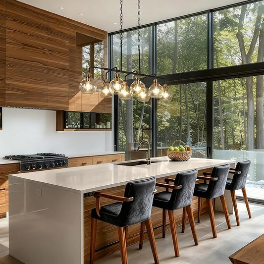 KSANA 40" Large Rectangular Linear Chandelier, 8-Light Black Gold Kitchen Island Lighting with Seeded Glass Mid-Century Modern Dining Room Light Fixtures for Living Room, Kitchen, Hallway, Bedroom