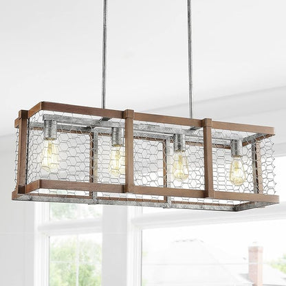 JONATHAN Y 34.5" Brown and Antiqued Silver 4-Light Iron Linear Pendant, Rustic Industrial Adjustable Kitchen Island Chandelier, Farmhouse Cage Light, LED Bulbs Included JYL7519A