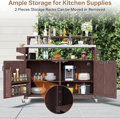 Zevemomo Outdoor Grill Cart with Raised Shelf, Stainless Steel Tabletop Outdoor Kitchen Island, Outdoor Buffet Cabinet with Lockable Wheels, Internal Storage Rack, Spice Rack for Grilling, Brown