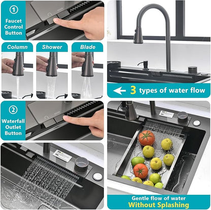 Waterfall Kitchen Sink 15" x 15" Drop-in Single Bowl Sinks, SUS304 Workstation Handmade Undermount Sink With Pull-out Faucet, Cup Washer & Accessories (Black, 15" x 15")