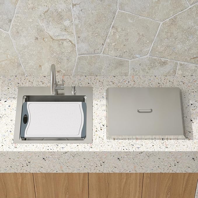 23 Inch Outdoor Kitchen Sink with Faucet - 23x20 Drop In Workstation 16 Gauge Stainless Steel Single Bowl Topmount Outdoor Wet Bar Sink with Stainless Steel Dust-Proof Cover #TLT-0064