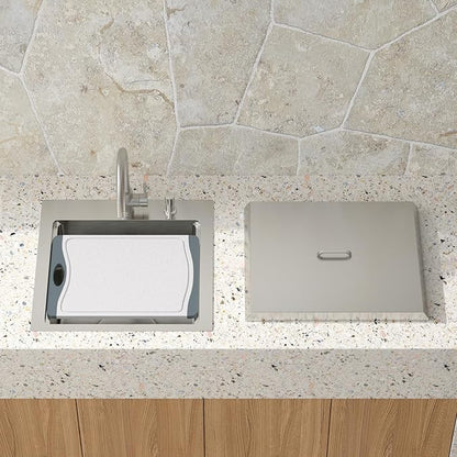 23 Inch Outdoor Kitchen Sink with Faucet - 23x20 Drop In Workstation 16 Gauge Stainless Steel Single Bowl Topmount Outdoor Wet Bar Sink with Stainless Steel Dust-Proof Cover #TLT-0064