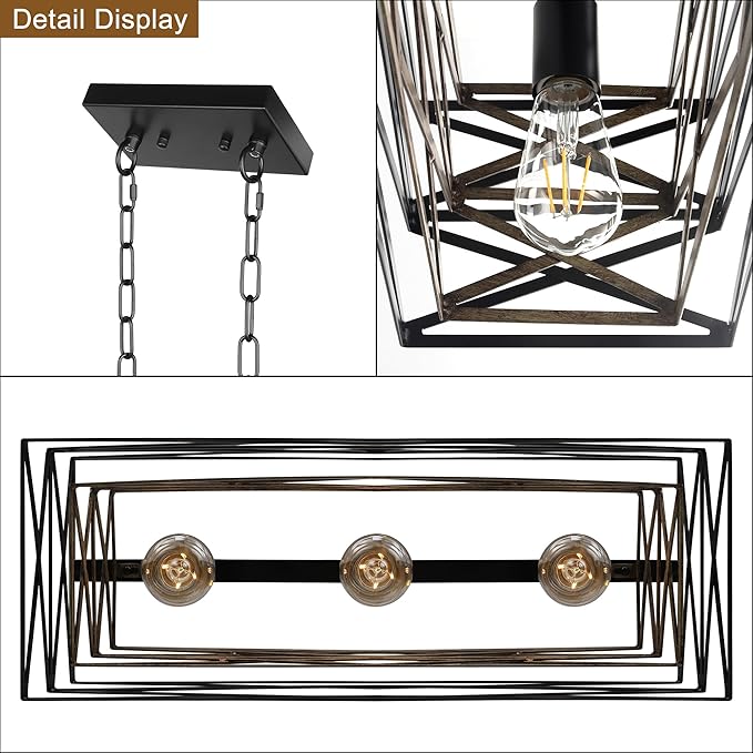 Sigaitwei 21''Farmhouse Dining Room Light Fixture,3-Light Kitchen Island Lighting,Industrial Chandelier for Dining Room Over Table Kitchen Bar,Linear Chandelier with Retro Wood Texture Interior