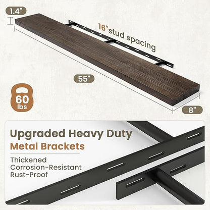 Fun Memories Solid Elm Wood Floating Shelves Set of 1-55 Inch Rustic Wall Shelves with Heavy-Duty Invisible Brackets - for Living Room, Kitchen, Bedroom, Bathroom - Walnut Finish