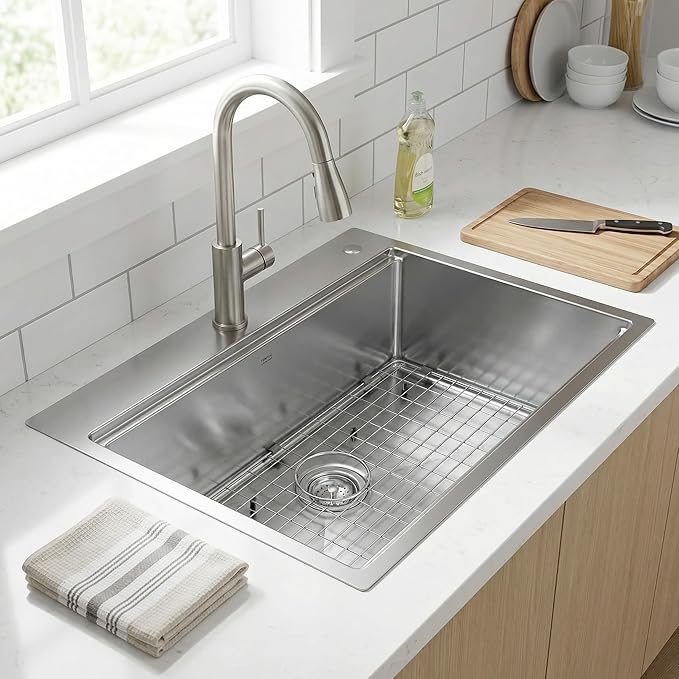 Undermount Kitchen Sink Workstation - 33x22 Inch Drop In Sink Workstation T304 18 Gauge Stainless Steel Single Bowl Kitchen Sinks with Accessories, Handmade Basin, 9 Inch Deep