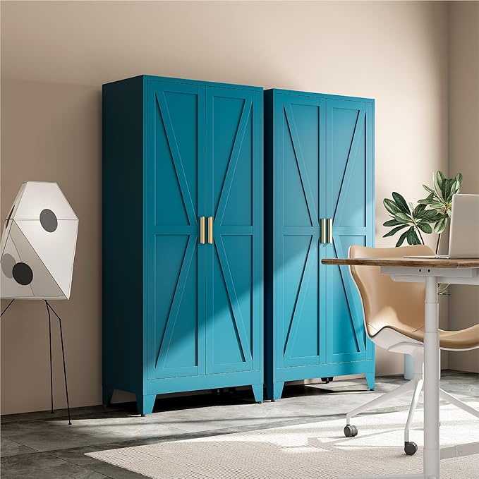 Metal Combination Cabinet, Utility Storage Cabinet with 4 Shelves, Farmhouse Pantry Closet with Doors, 71" Tall Storage Cabinets with Hanging Rod and Clothing Shelf for Hallway Laundry Mudroom