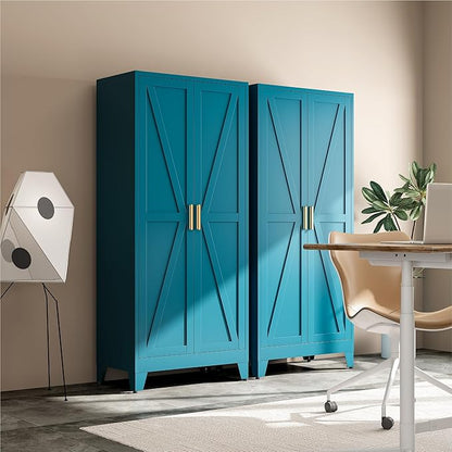 Metal Combination Cabinet, Utility Storage Cabinet with 4 Shelves, Farmhouse Pantry Closet with Doors, 71" Tall Storage Cabinets with Hanging Rod and Clothing Shelf for Hallway Laundry Mudroom
