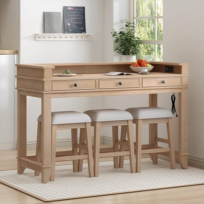 4-Piece Counter High Bar Table Set with Drawers & Charging Station,Counter Height Dining Table Set with Rectangle Table & 3 Upholstered Chairs,Retro Dinette sets for Breakfast Nook,Small Place,Natural
