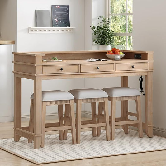 4-Piece Counter High Bar Table Set with Drawers & Charging Station,Counter Height Dining Table Set with Rectangle Table & 3 Upholstered Chairs,Retro Dinette sets for Breakfast Nook,Small Place,Natural