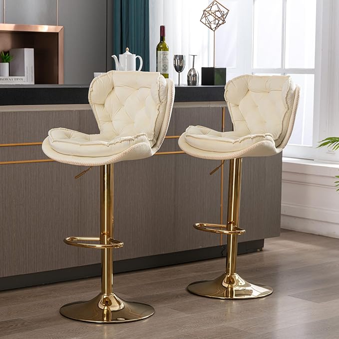 Rhomtree 24-33 Inch Swivel Bar Stools, Adjustable Counter Height Barstools, Velvet Back and Golden Footrest, Bar Chairs for Kitchen Island, Cafe, Bar, Bar Counter, Dining Room, Coffee(Cream Set of 2)