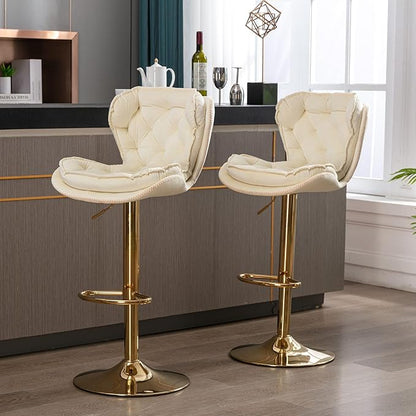 Rhomtree 24-33 Inch Swivel Bar Stools, Adjustable Counter Height Barstools, Velvet Back and Golden Footrest, Bar Chairs for Kitchen Island, Cafe, Bar, Bar Counter, Dining Room, Coffee(Cream Set of 2)