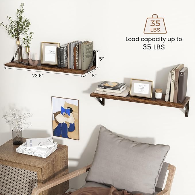 Axeman 24 Inch Floating Shelves | 8 Inch Deep Brown Wall Shelves Set of 2 | 24''W x 8''D Rustic Brown Wood Shelves for Bathroom Kitchen Living Room Bedroom Home Office