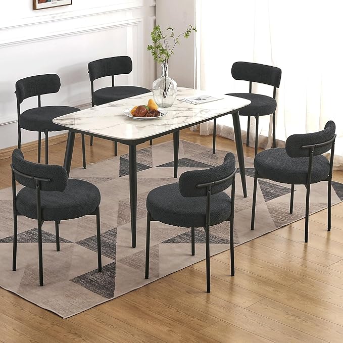 EDWELL Black Dining Chairs Set of 6, Mid-Century Modern Dining Room Chairs with Thick Cushions, Round Upholstered Boucle Dining Chair with Metal Legs for Kitchen, Living Room, Kitchen Chairs
