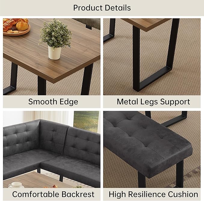 HIPIHOM 3-Piece Corner Dining Table Set with Bench, 70 Inch Space-Saving Breakfast Nook for Kitchen & Dining Room(Walnut Table & R-Seat Grey Bench)