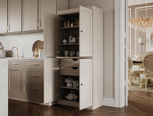 Palace Imports Solid Wood Kitchen Pantry Cabinet - 71.5" H x 32" W, Tall Storage Cupboard - Beige, Adjustable Shelves & 2-Drawer Kit for Living Space, 100% Renewable Eco-Friendly Wood, Made in Brazil