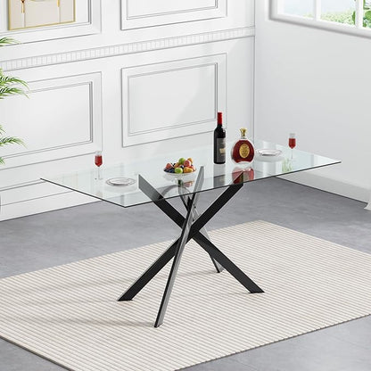 51.2" Glass Dining Table, Modern Kitchen Table for 4-6 People, Contemporary Rectangular Dining Room Dinner Tables with Clear Glass Top & Black Metal X Legs for Kitchen Apartment