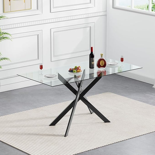 51.2" Glass Dining Table, Modern Kitchen Table for 4-6 People, Contemporary Rectangular Dining Room Dinner Tables with Clear Glass Top & Black Metal X Legs for Kitchen Apartment