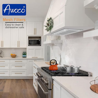 Awoco 14-1/2”D Built-in/Insert Stainless Steel Range Hood, 4-Speed, 650 CFM, LED Lights, Mesh Filters for Wood Hood (36"W 15"D Mesh Filters)
