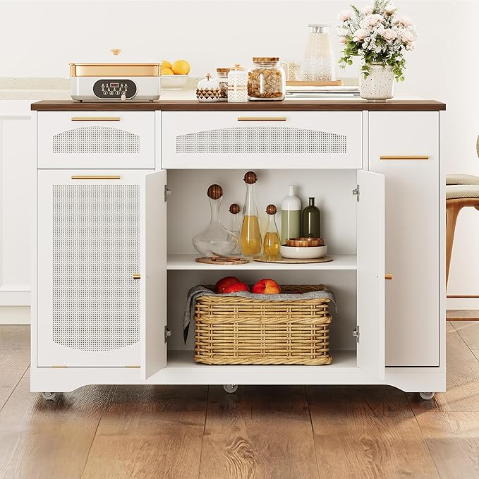 IDEALHOUSE 53.1" Rattan Kitchen Island with Storage, Rolling Dining Cart with Trash Storage Cabinet, Mobile Island Cart with Drop Leaf, Adjustable Shelves, Drawer, 5 Wheels (White)