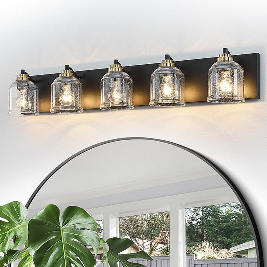 Vanity Lights for Bathroom Large 40", Farmhouse Rustic Vanity Light with Bubble Glass Shades, Black and Gold 5 Light Bathroom Lighting Fixtures Over Mirror, Bath Wall Sconce Home Decor