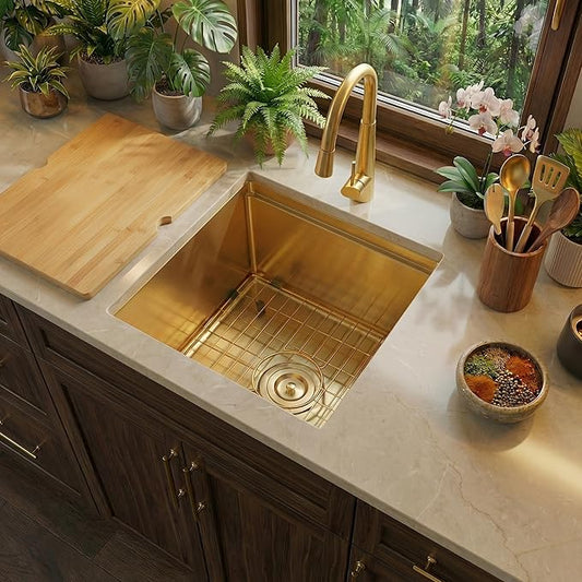Kitsitchen Gold Bar Sink Undermount,18 Inch Small Bar & Prep Sinks,16 Gauge Stainless Steel Bar Sink with Workstation for Wet Bar Area(18" X 18" X 10")
