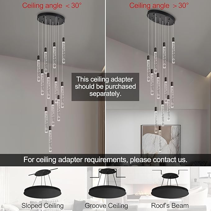 12-Lights Bubble Chandelier for Entryway High Ceiling-137 Height Adjustable Crystal Chandelier,3 Color Temperature Dimmable LED Pendant Light Fixture for Foyer Living Room Staircase,Matte Black