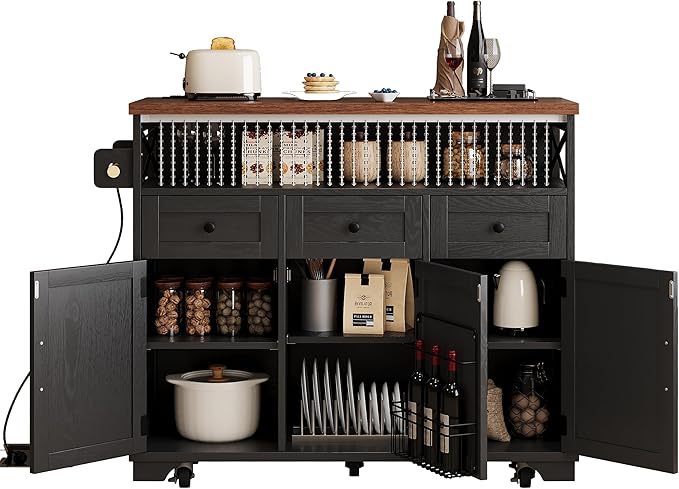 Ball & Cast 46.5" Kitchen Island with Drape of Beads&Power Outlet,Rolling Kitchen Cart on 5 Wheels W/ 3 Drawers,Kitchen Storage Cart W/Internal Iron Shelf&Towel Rack,for Kitchen,Dining Room,Black