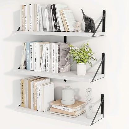Heimlove Floating Book Shelves for Wall,23.6 Inches Wall Bookshelf Mounted Display&Storage Wood Shelves for Kitchen Bathroom Laundry Living Room,Set of 3,White