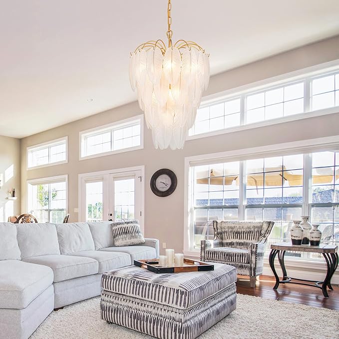 LumFurn 10-Light Gold Chandeliers, Modern Pendant Light Fixture for Dining Room, Staircase, D16 x H27~72" Adjustable Height, Frosted Feather Glass Shade & Gold Finish