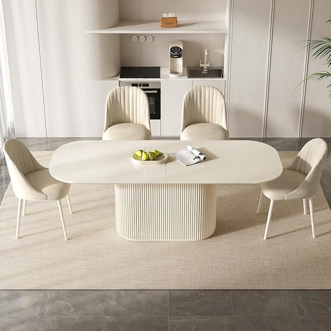 Miuuod 86.61" Cream White Dining Table Set for 6 People Large Kitchen Table with 6 Chairs Rectangular Wood Dining Room Furniture Oval Base Modern Farmhouse Table for Living Room Home Office