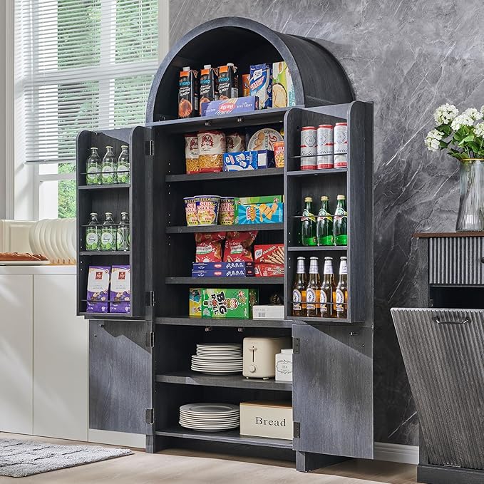 IFBUY 71" Tall Arched Bathroom Storage Cabinet, Modern Fluted Storage Cabinet w/Doors, 3 Adjustable Shelves, 6 Door Shelves, Wood Freestanding Cabinet for Bathroom, Entryway, Hallway, Dark Grey