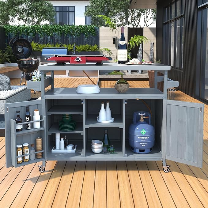 50.25" Kitchen Island Rolling Bar Cart & Storage Cabinet,Farmhouse Solid Wood Outdoor Grill Table with Stainless Steel Top and Spice, Towel Rack for BBQ,Grey Blue