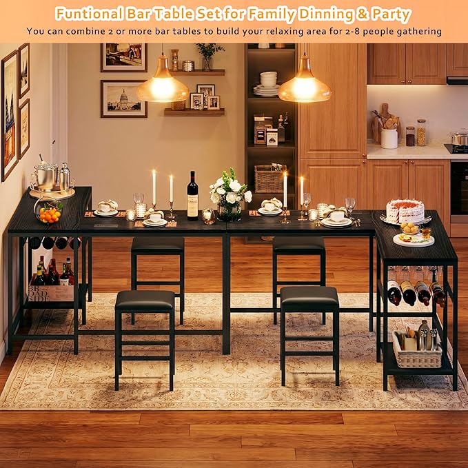 Bar Table and Chairs Set for 2-4, 3-Piece Convertible L-Shaped Dining Set with Storage Shelves & Cup Holder & Wine Rack, 63'' Corner Kitchen Table Set with 2 PU Cushion Stools & Power Outlets, Black