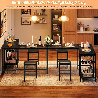 Bar Table and Chairs Set for 2-4, 3-Piece Convertible L-Shaped Dining Set with Storage Shelves & Cup Holder & Wine Rack, 63'' Corner Kitchen Table Set with 2 PU Cushion Stools & Power Outlets, Black